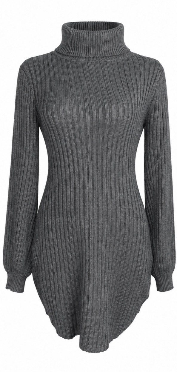 Grey Ribbed Turtleneck Knit Dress