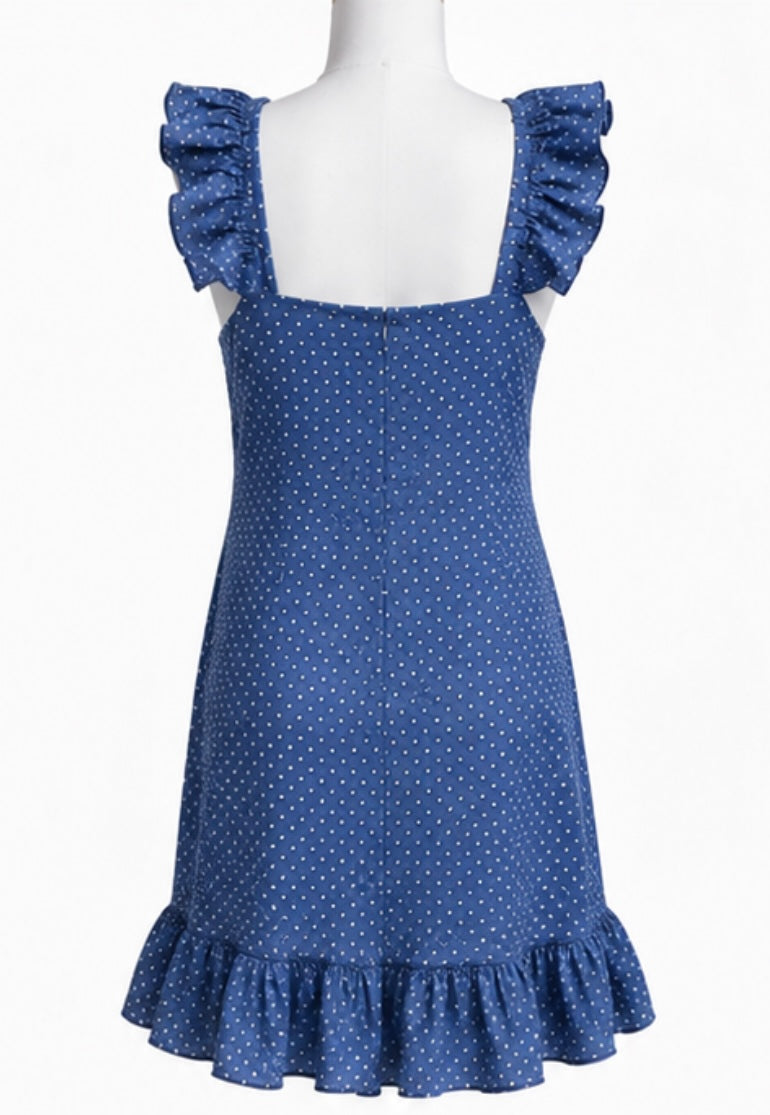 Blue Polka Dot Ruffle Mini Dress
