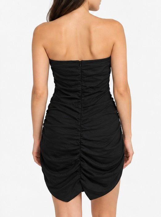 Black Strapless Ruched Mini Dress
