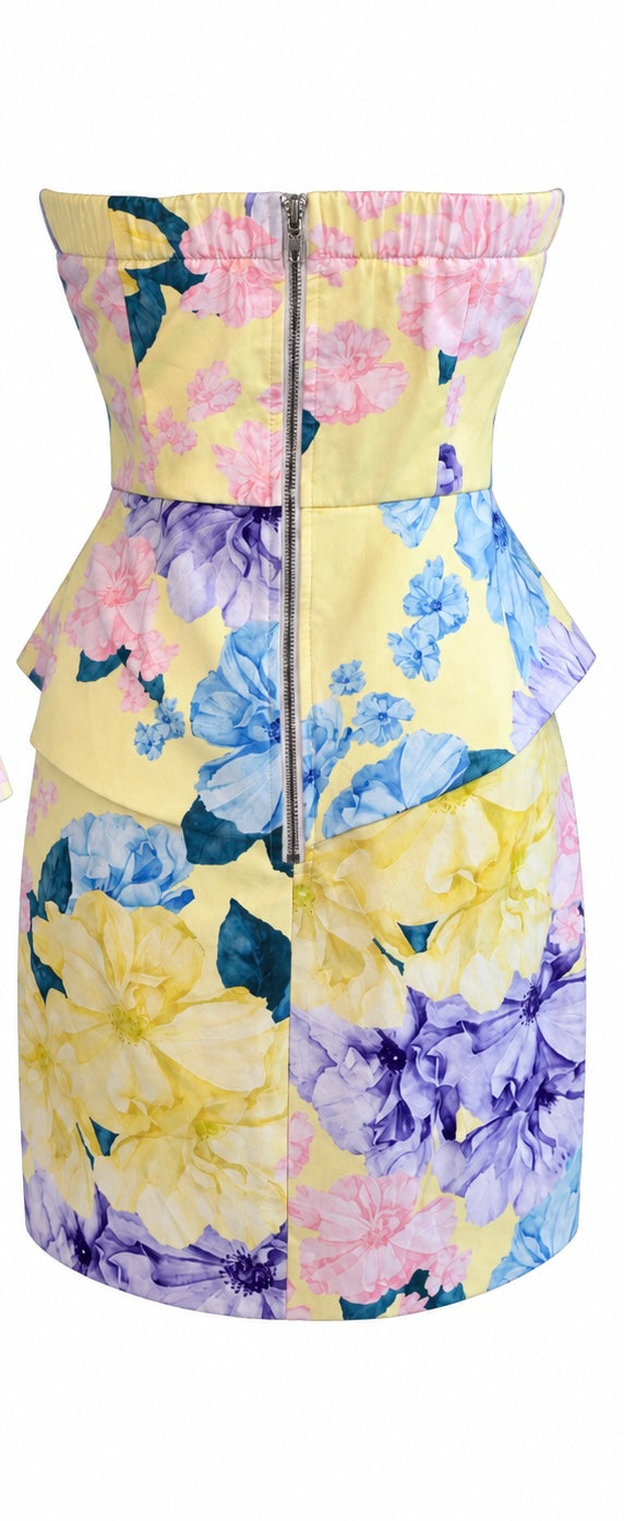 Yellow Floral Strapless Peplum Dress