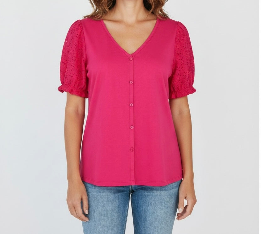 Fuchsia Pink Eyelet Sleeve Button-Up Top