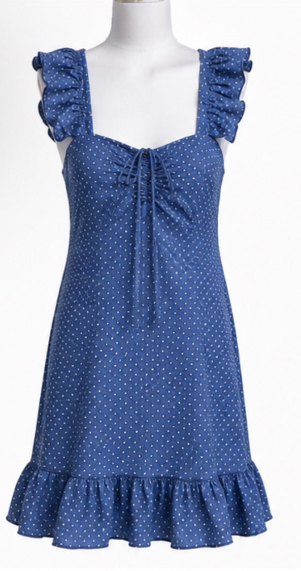 Blue Polka Dot Ruffle Mini Dress