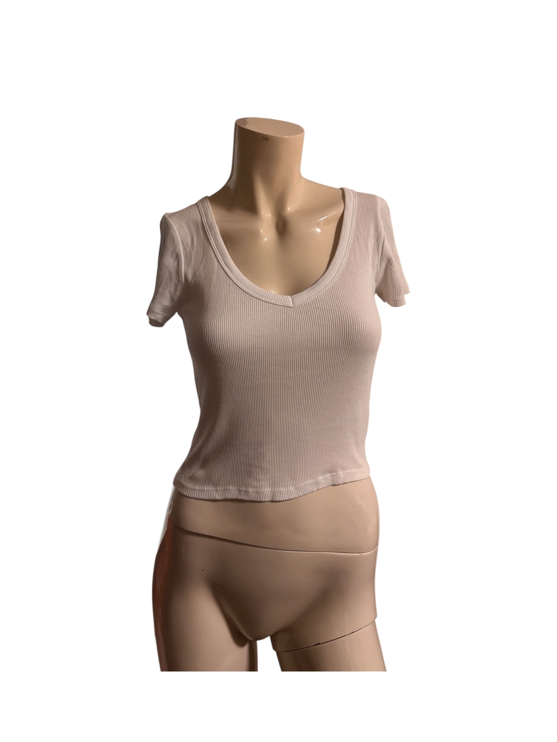 White Ribbed V-Neck Tee