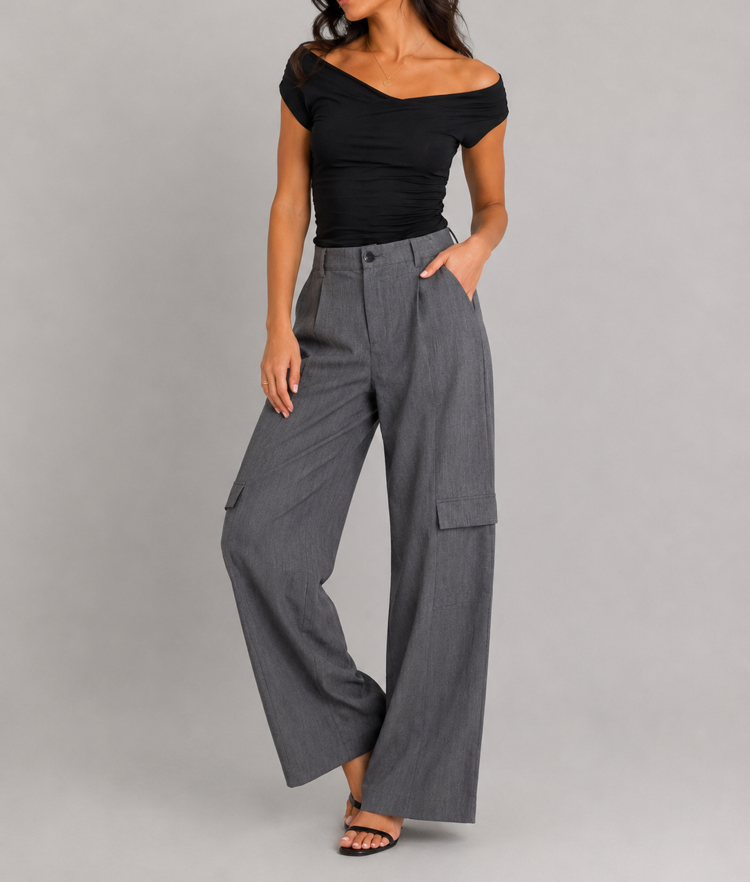 Grey Wide Leg Cargo Pants