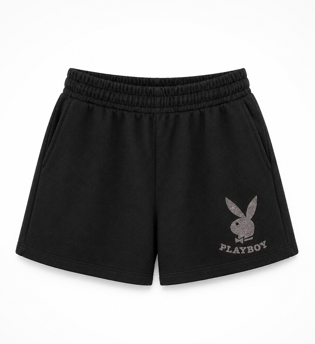 Playboy Black Rhinestone Logo Sweat Shorts