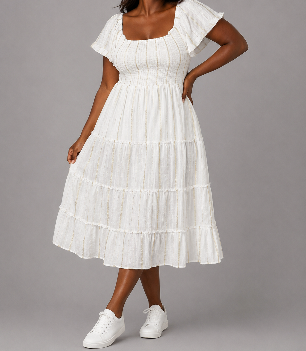 White & Gold Tiered Midi Dress