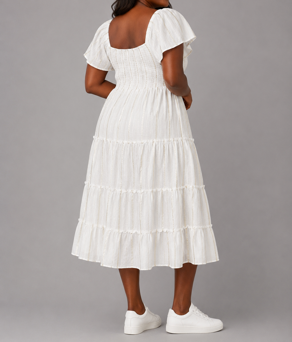 White & Gold Tiered Midi Dress