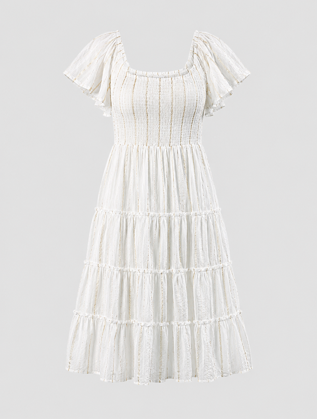 White & Gold Tiered Midi Dress