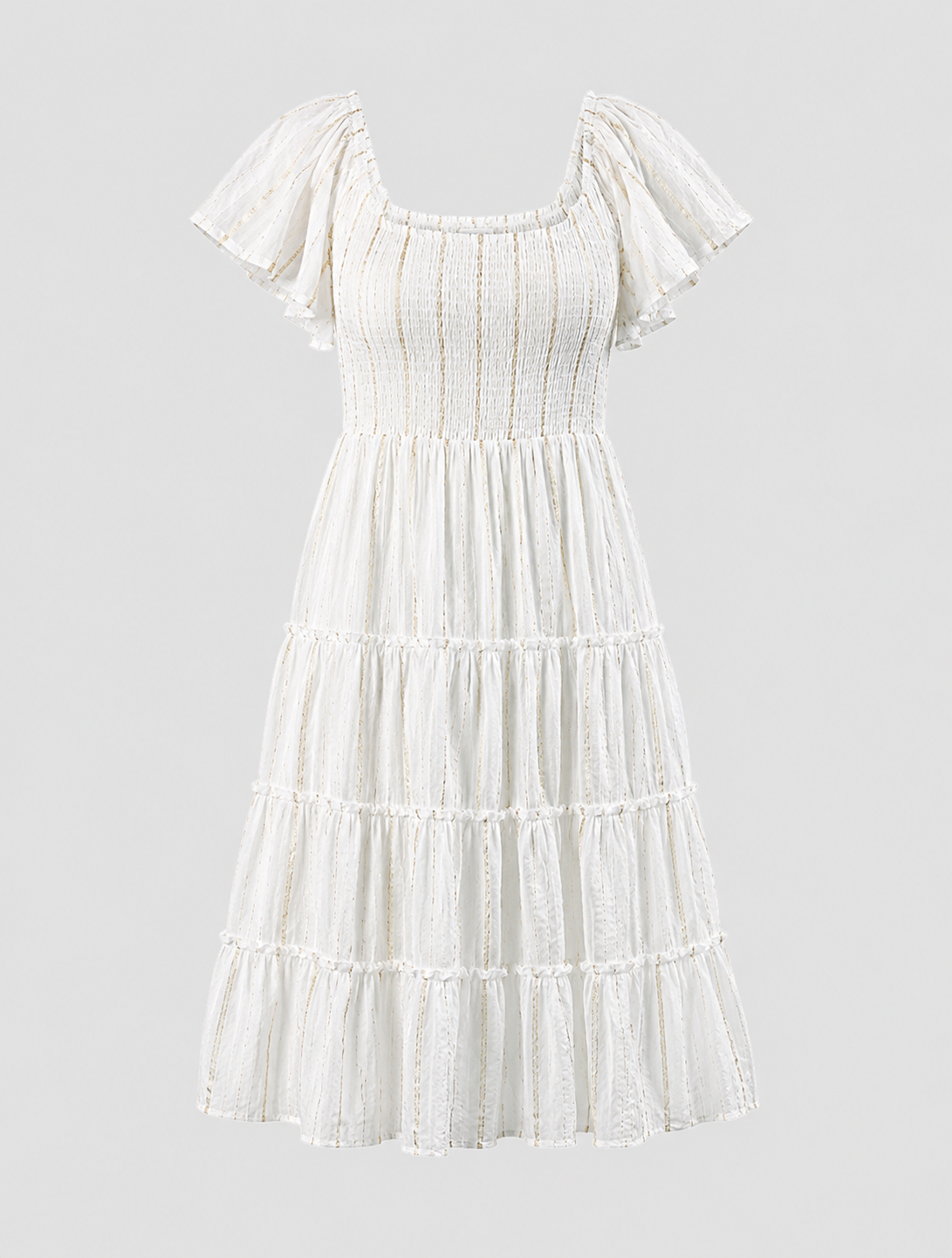 White & Gold Tiered Midi Dress