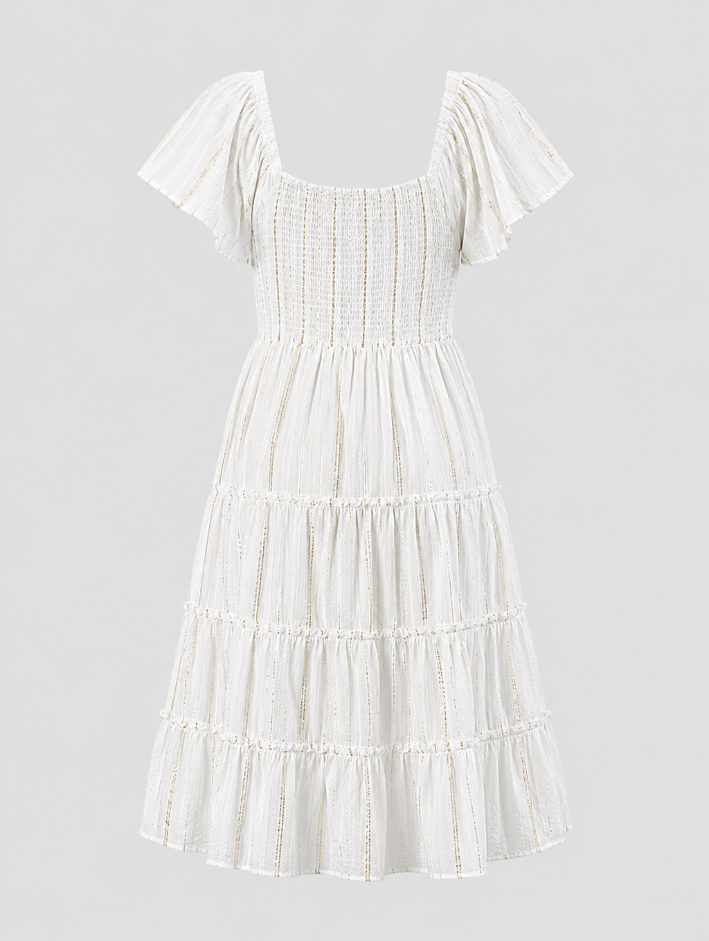 White & Gold Tiered Midi Dress