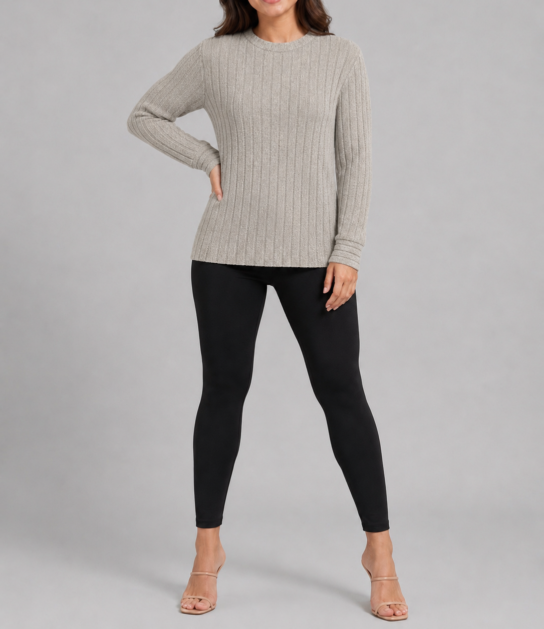 Grey Ribbed Long Sleeve Top