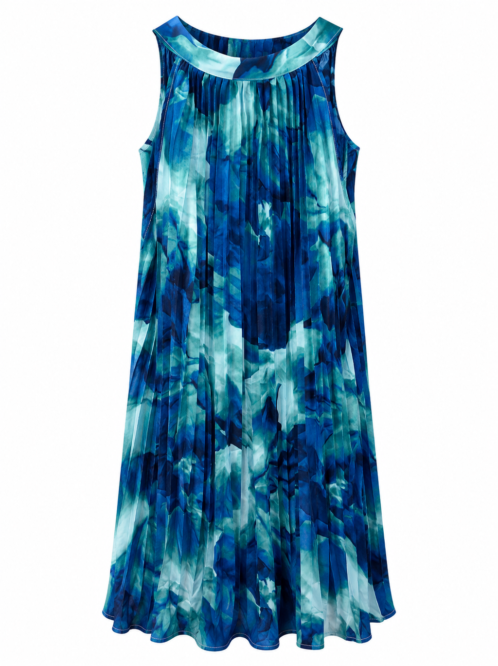 Blue Abstract Pleated Halter Dress