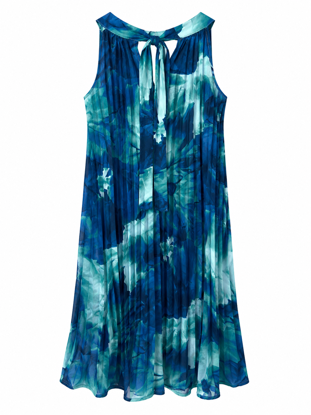 Blue Abstract Pleated Halter Dress