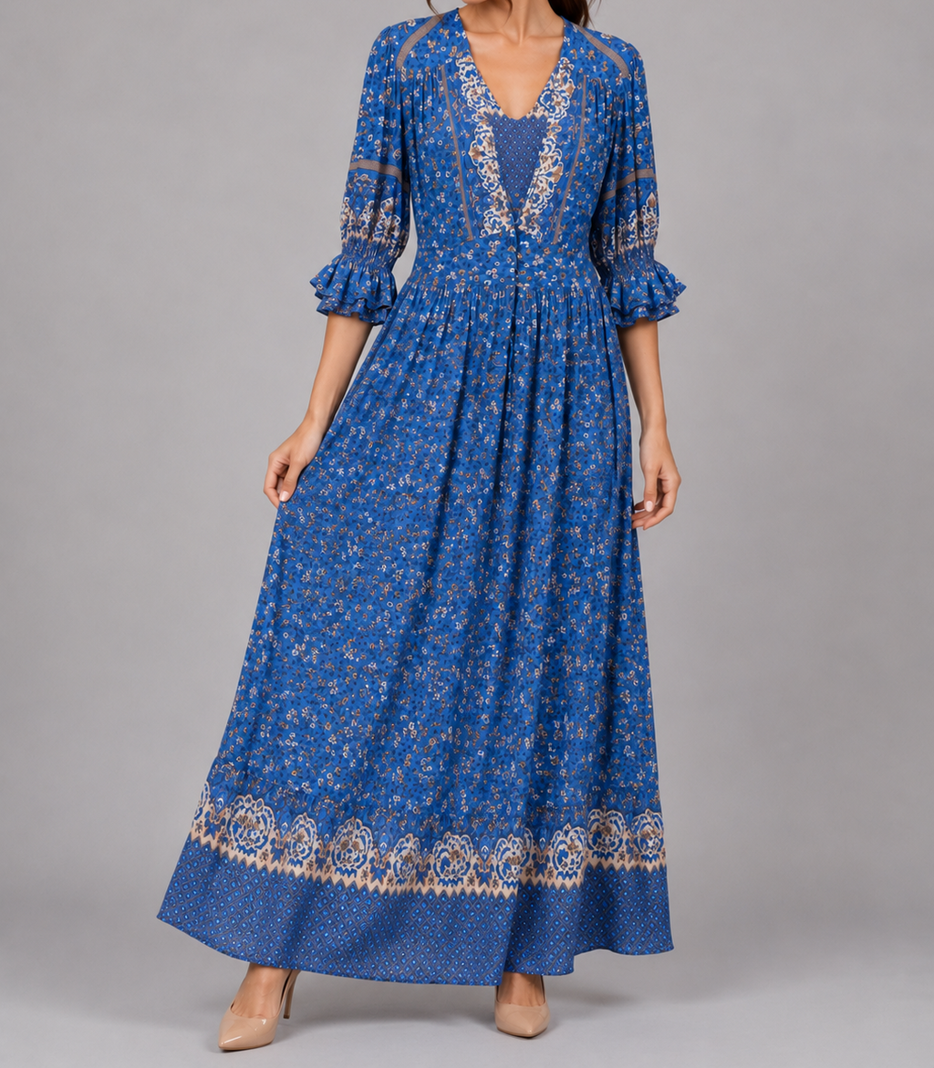 Blue Boho Floral Maxi Dress