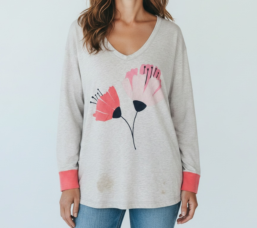 Grey Floral Print Long Sleeve Top