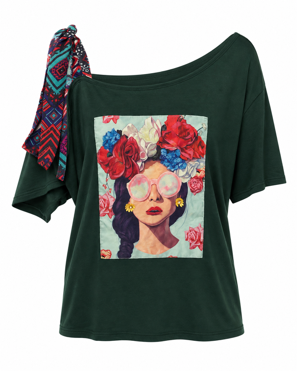 Green Graphic One Off Shoulder Top