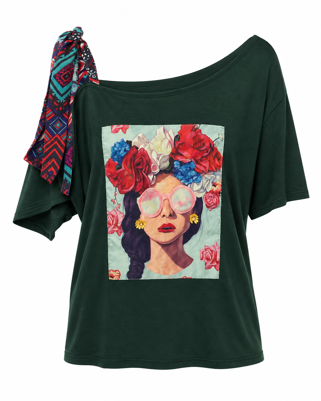 Green Graphic One Off Shoulder Top