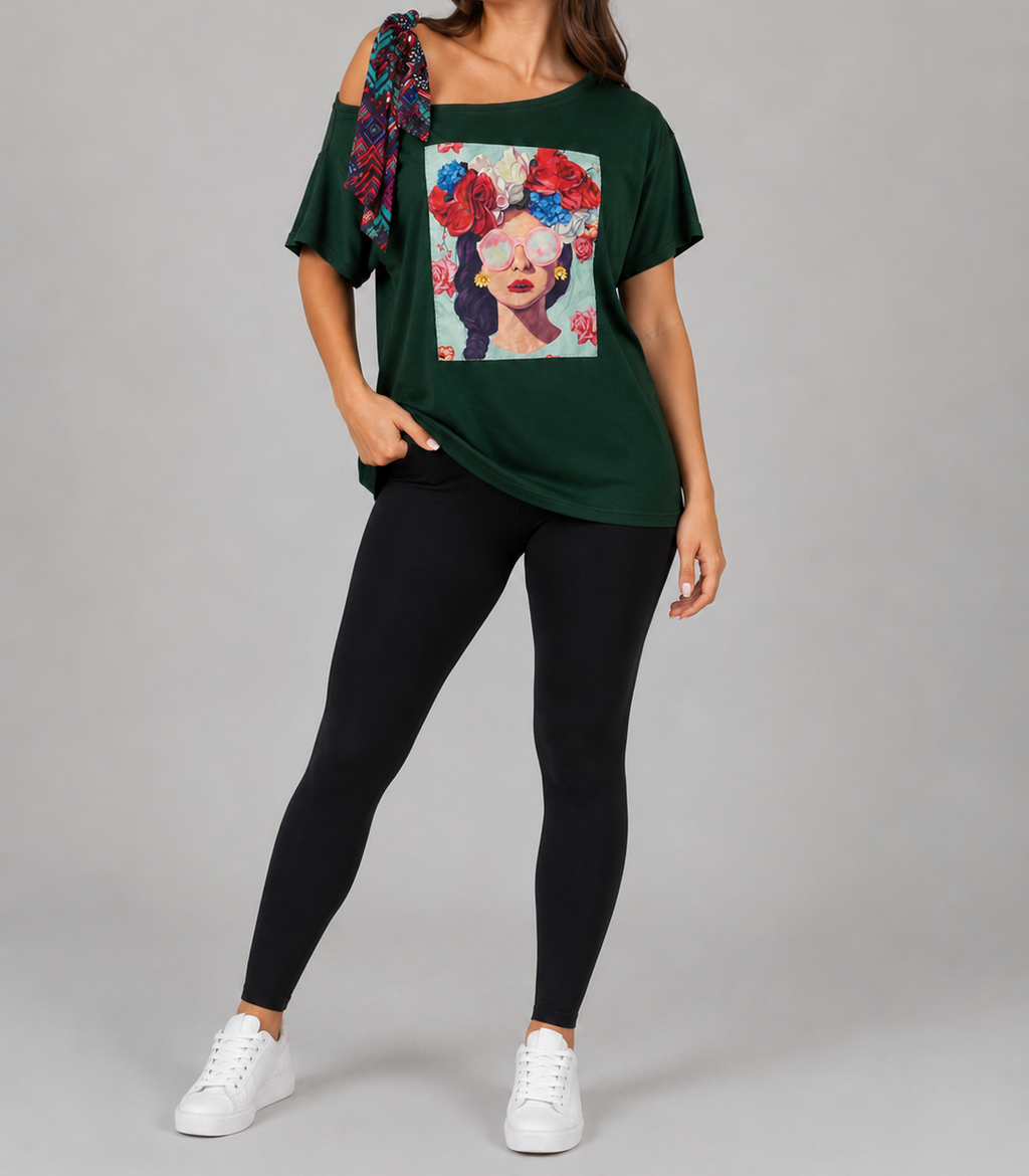 Green Graphic One Off Shoulder Top