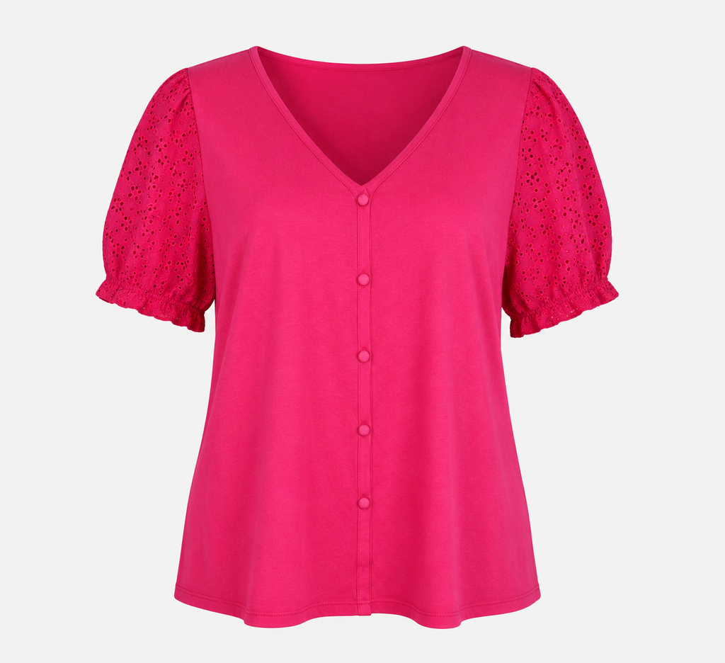 Fuchsia Pink Eyelet Sleeve Button-Up Top